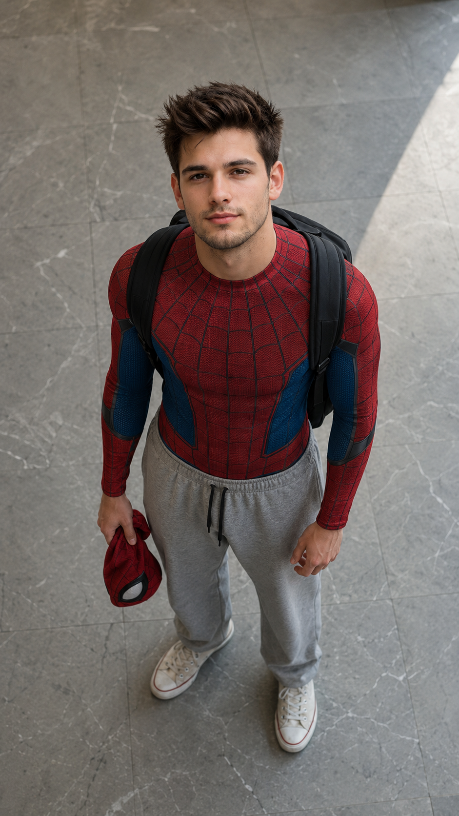 High-angle full-body young man in superhero bodysuit with backpack