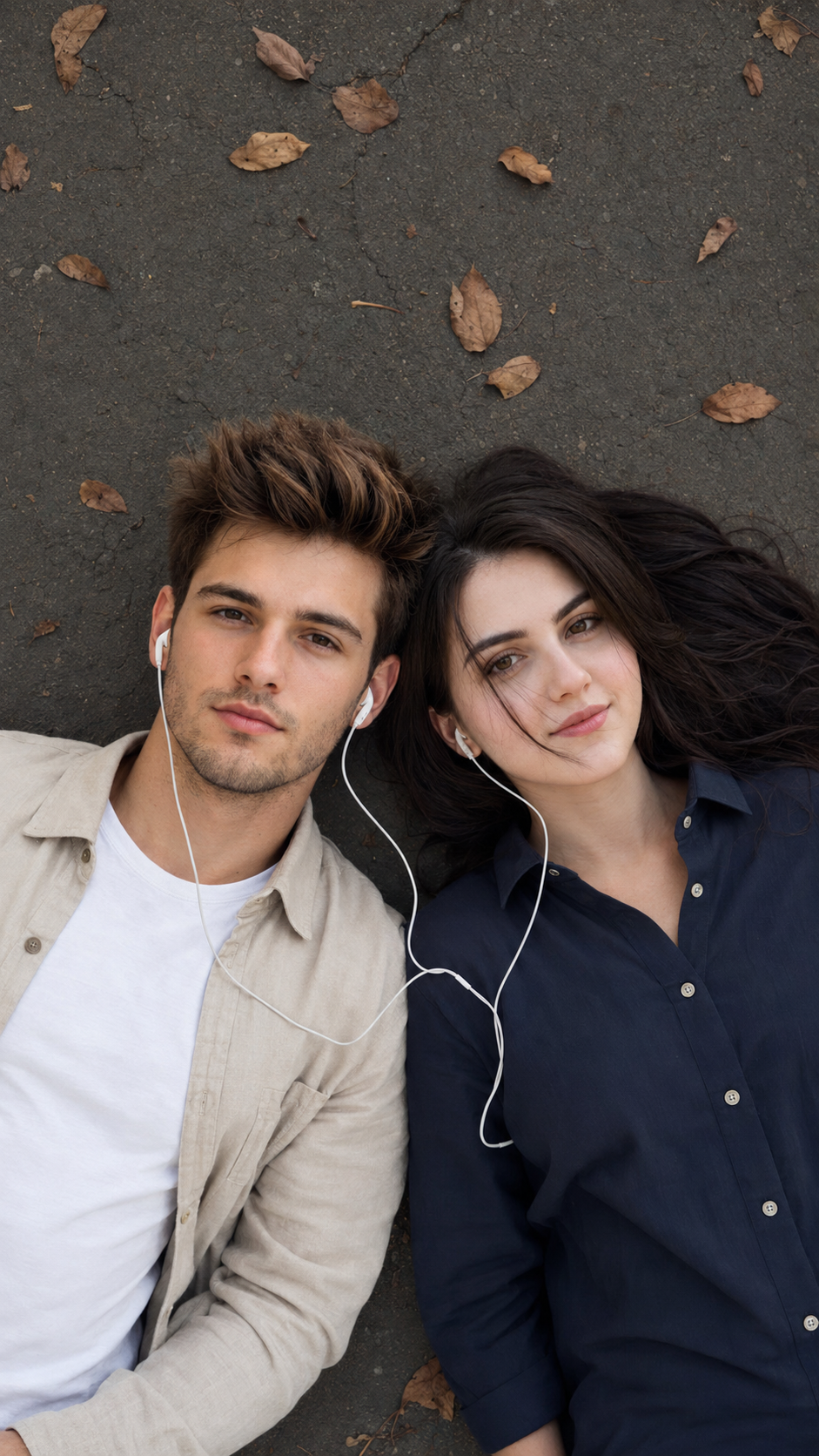Overhead couple portrait on asphalt, natural light, editorial realism