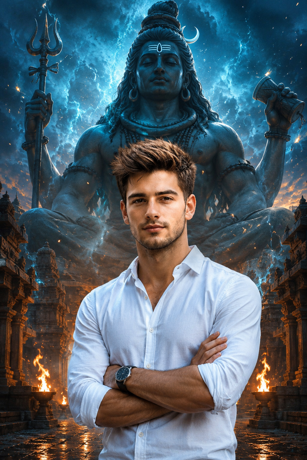 Boy before giant Mahadev sculpture with blue-orange lighting