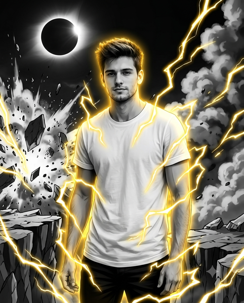 Centered anime subject amid shattered cliffs and golden lightning