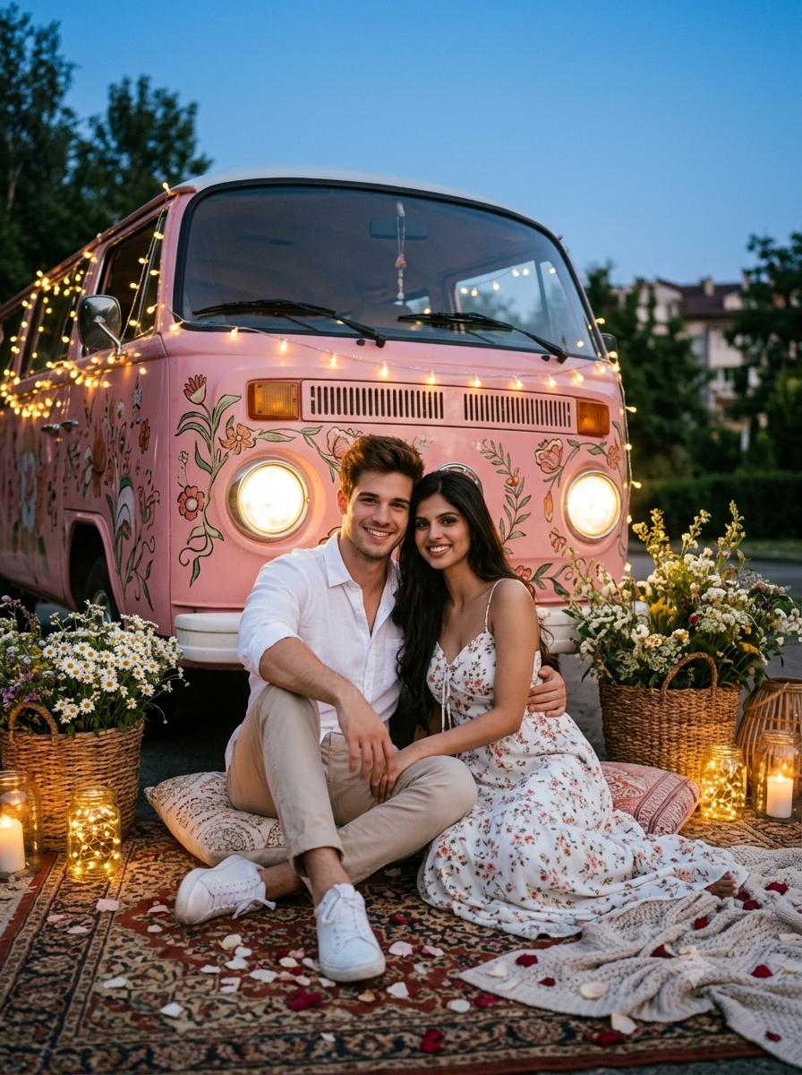 Couple seated on rug by vintage pink Volkswagen van at blue hour