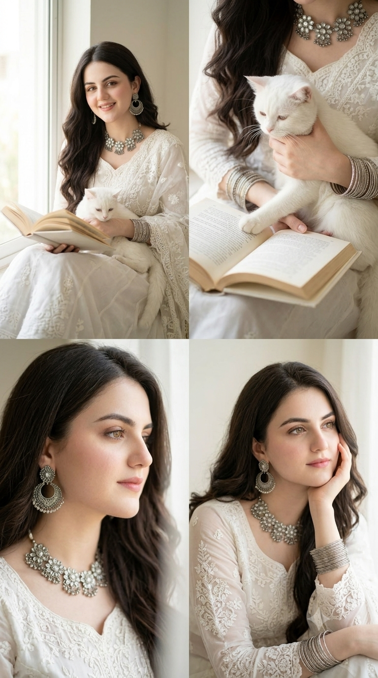Graceful young woman in white embroidered blouse with silver floral jewelry and cat by window