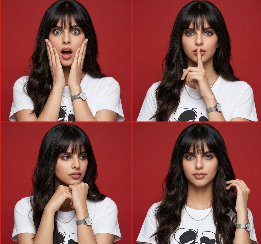 Young woman studio portrait collage on red seamless backdrop