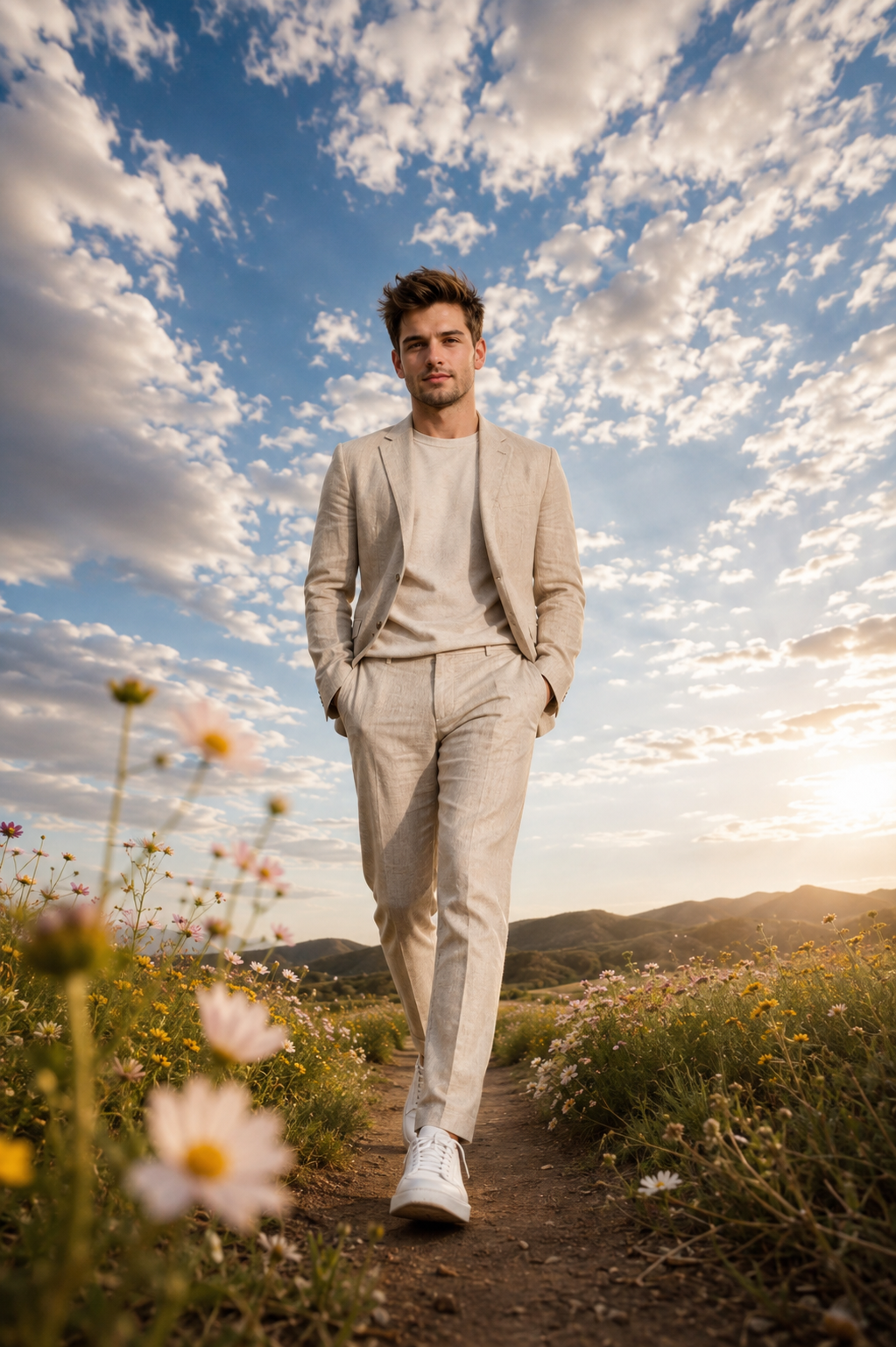 Low-angle full-body young man in beige linen suit walking through cosmos field