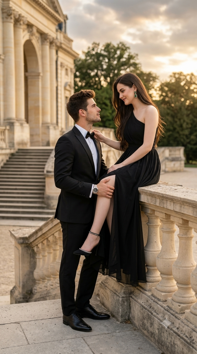 Couple on château terrace at golden hour, couture fashion, cinematic lighting
