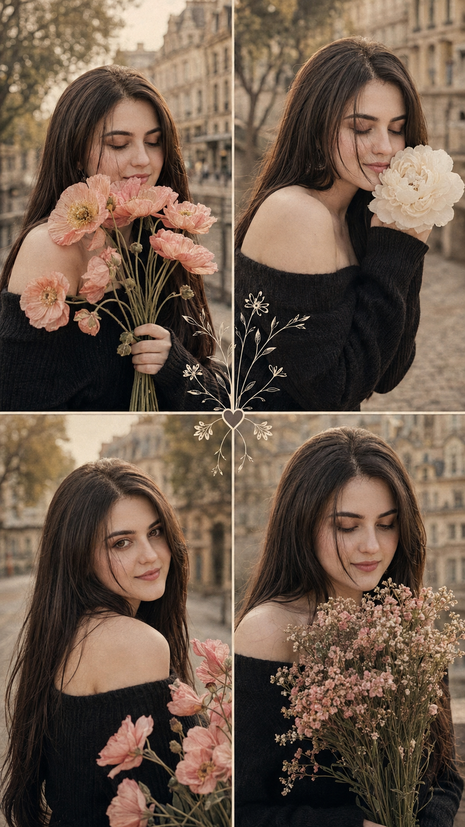 Four-panel vintage floral portrait collage in warm sepia tones