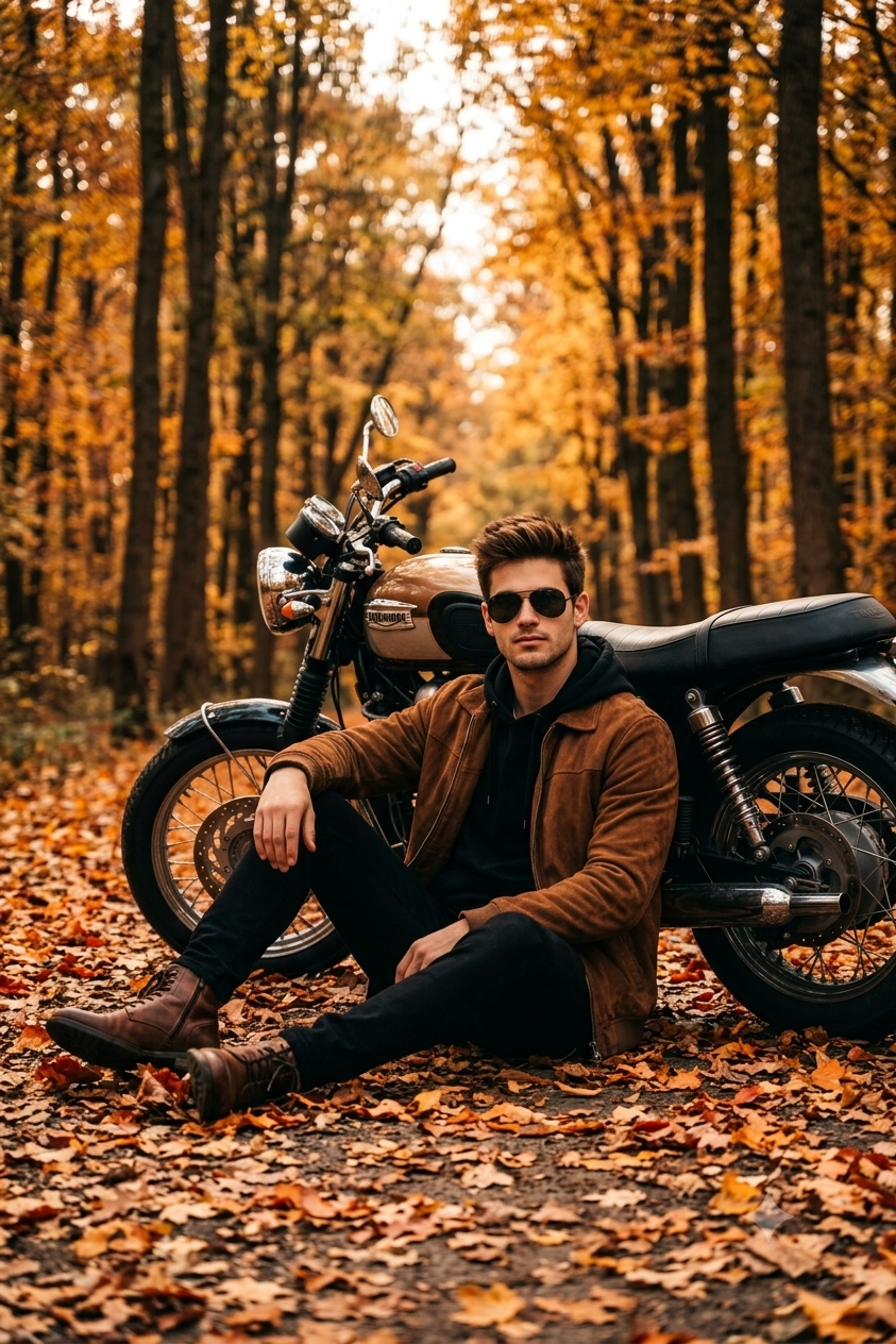 Stylish man leaning on vintage motorcycle in autumn forest