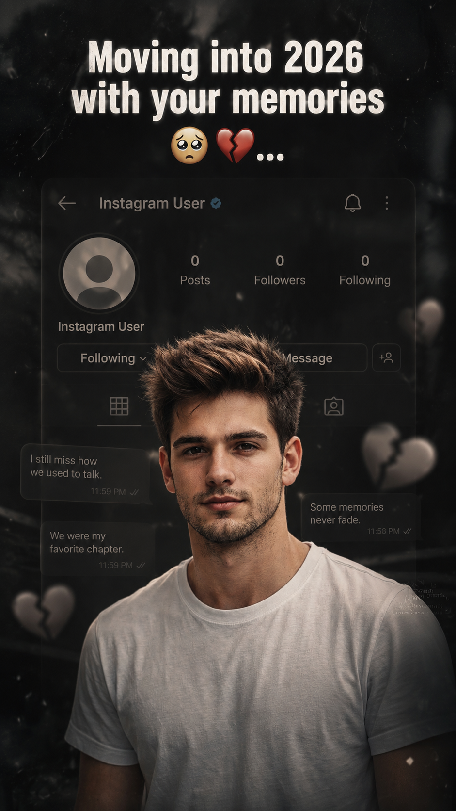 Subject bottom-centered with faded Instagram UI and moody cinematic lighting