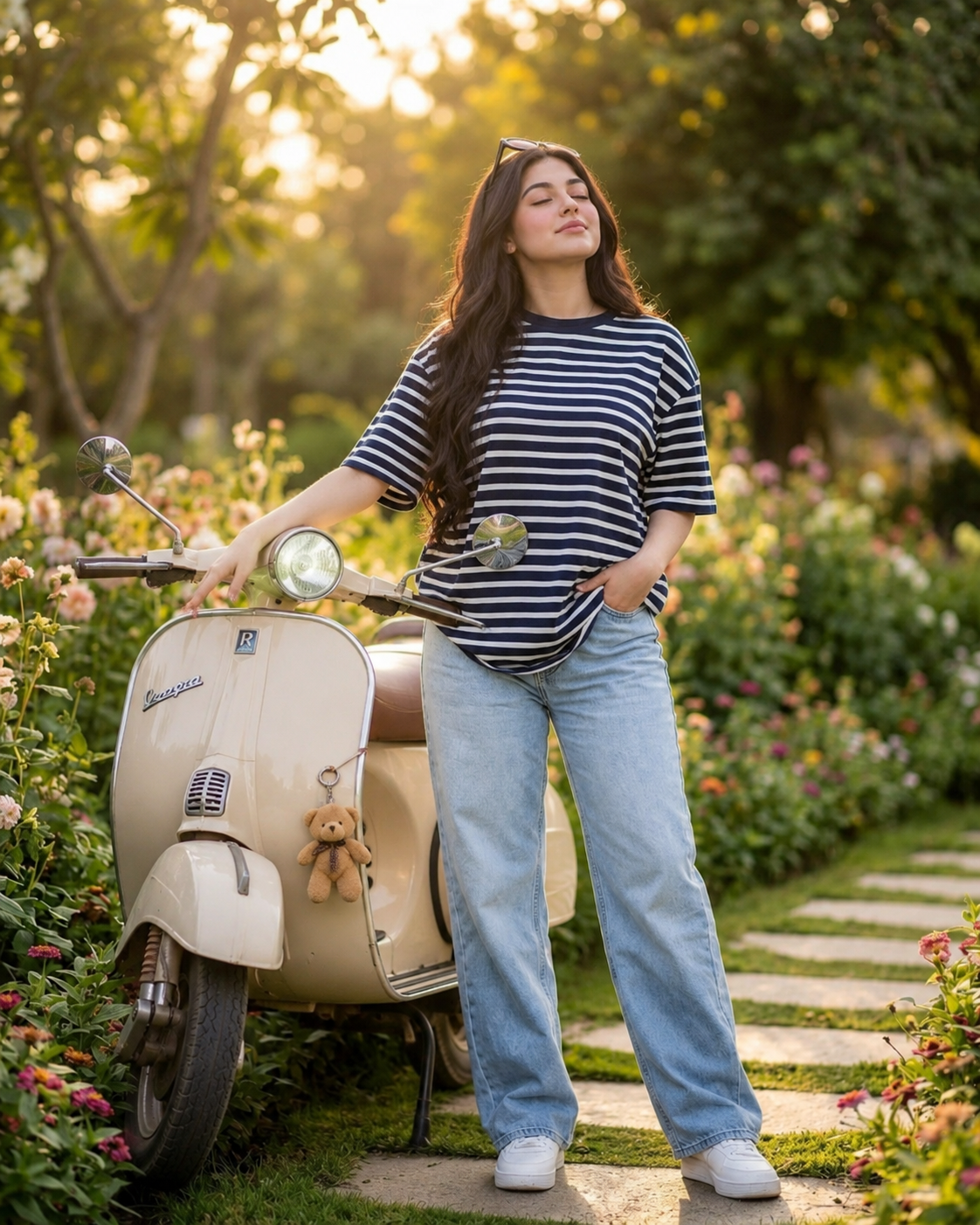 Subject leaning on classic scooter, relaxed pose, soft natural lighting