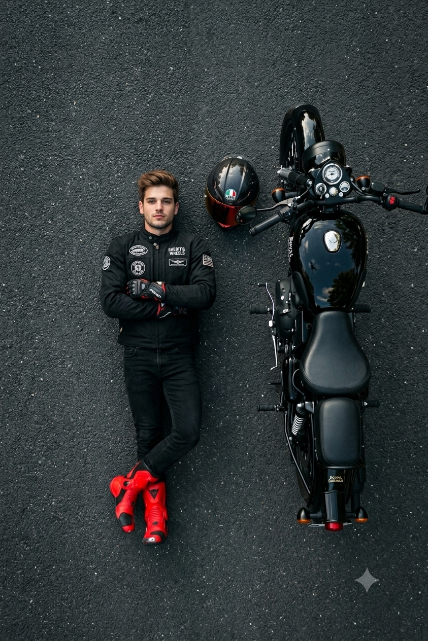 Overhead drone flat-lay of man beside Royal Enfield on asphalt