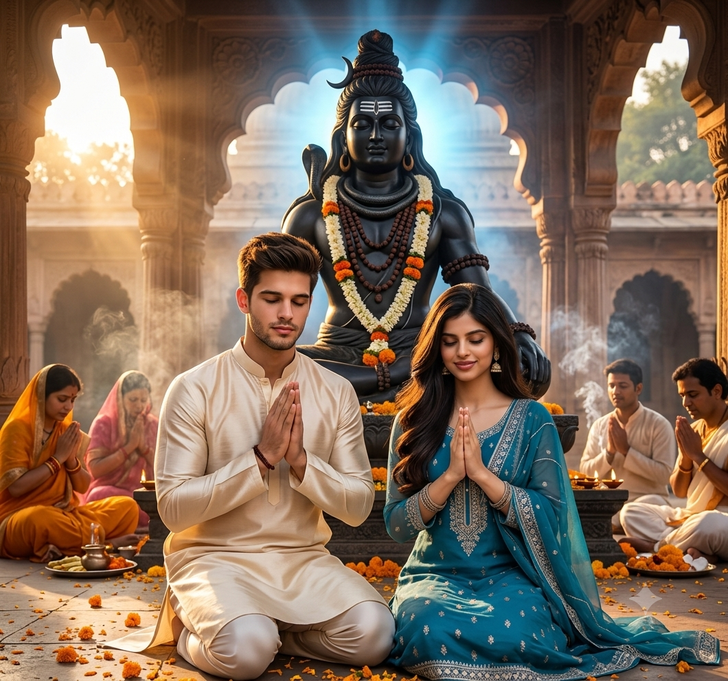 Couple praying before Lord Shiva statue in golden cinematic light