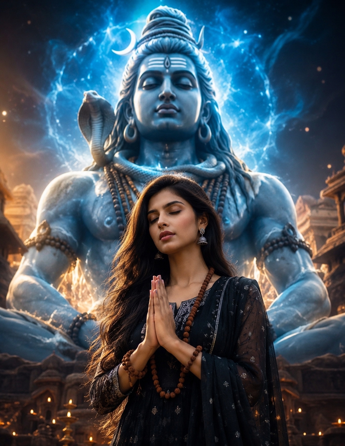 Indian woman praying before giant Mahadev statue with cinematic temple lighting