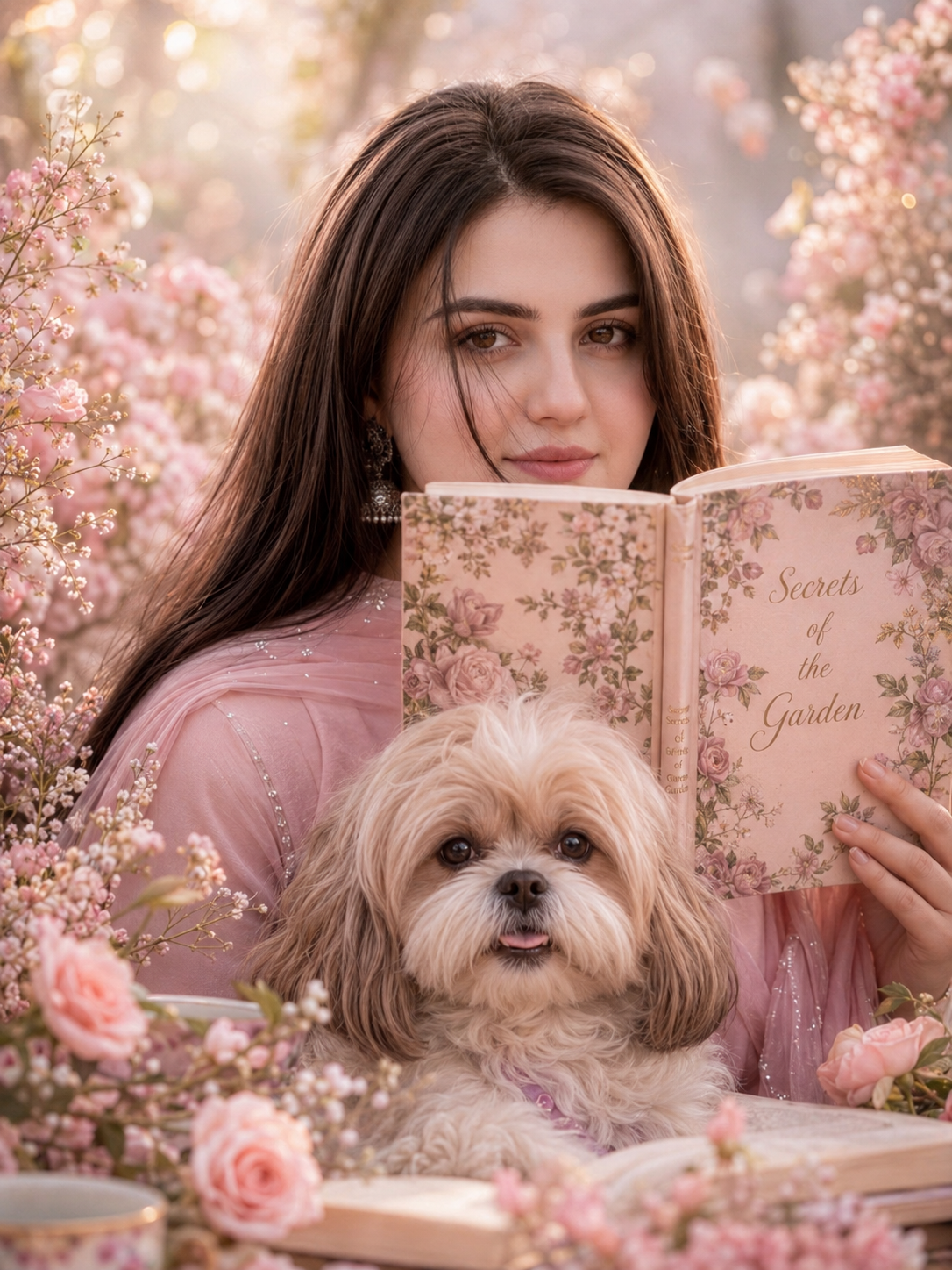 Person peeking over floral book with pet, dreamy bokeh