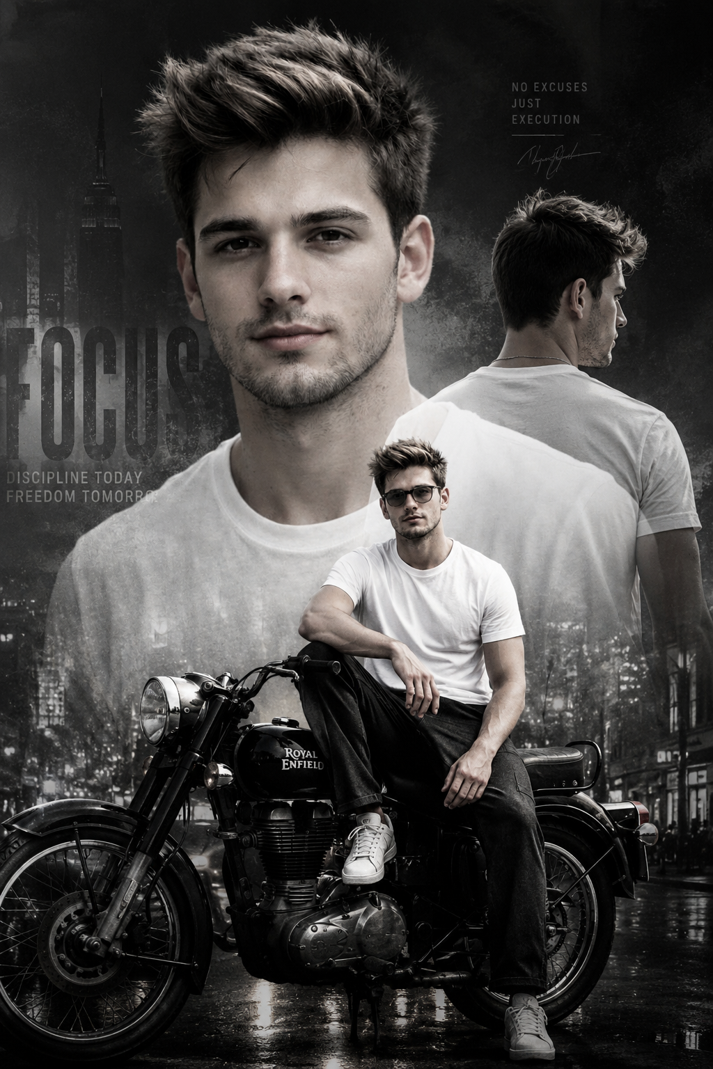 Black-and-white cinematic collage of chest-up portrait, back view, seated rider