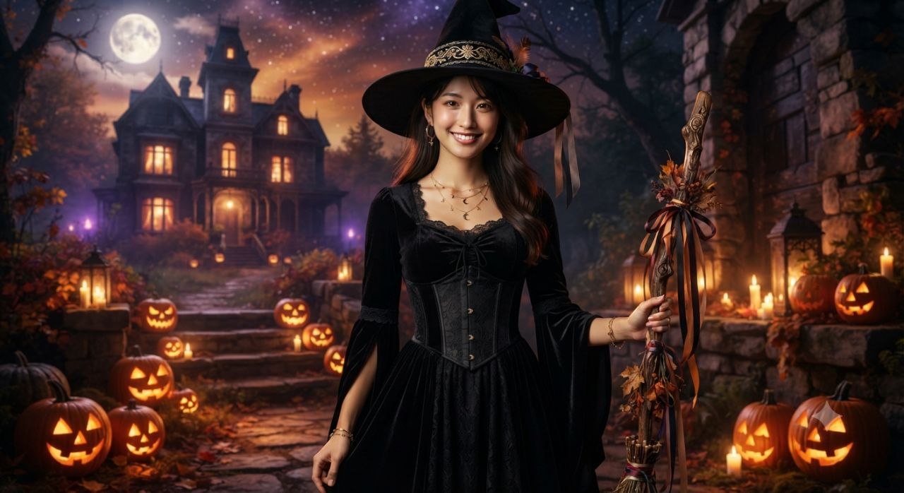 Full-body woman in black velvet witch dress by moonlit mansion