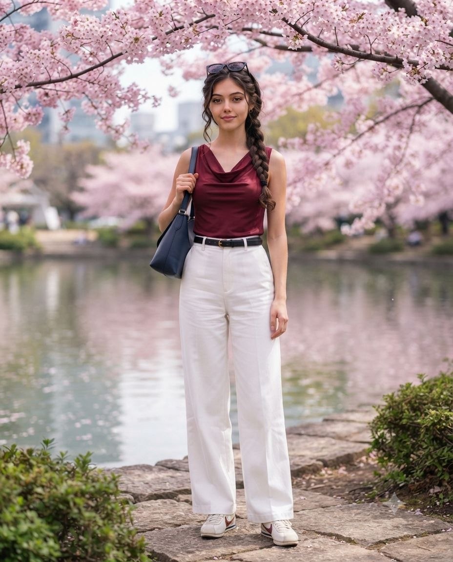 Full-body young woman on stone path under pink cherry blossoms