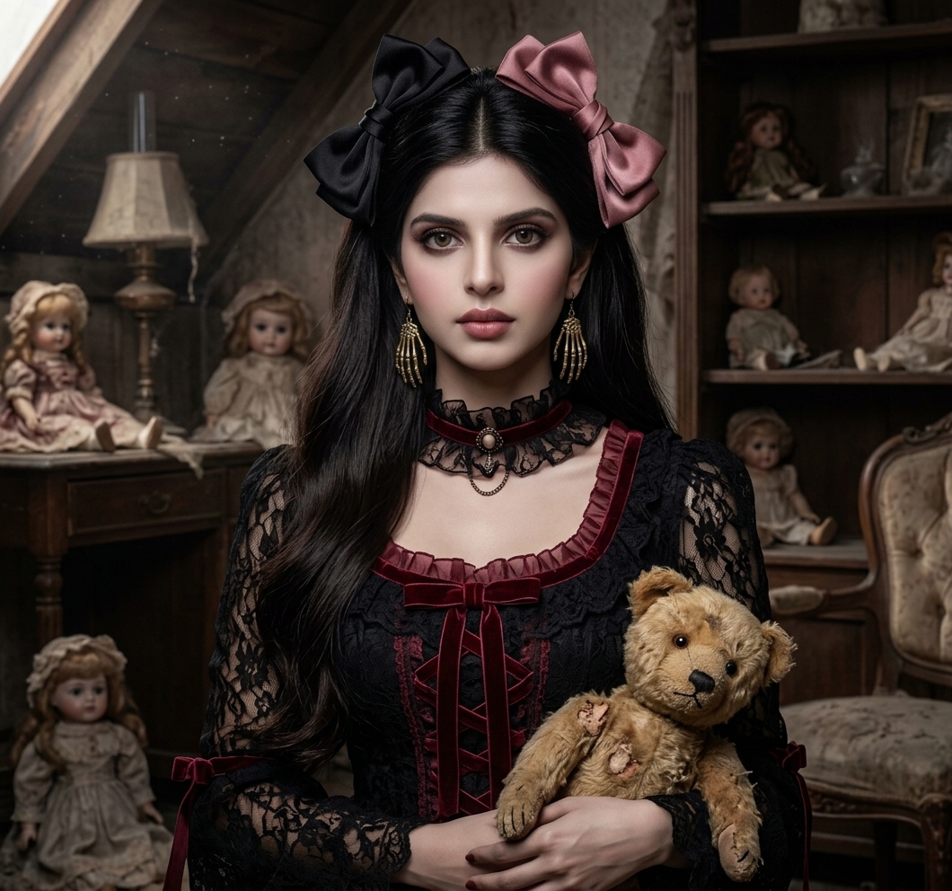Subject as gothic doll in antique dollhouse wearing black lace dress