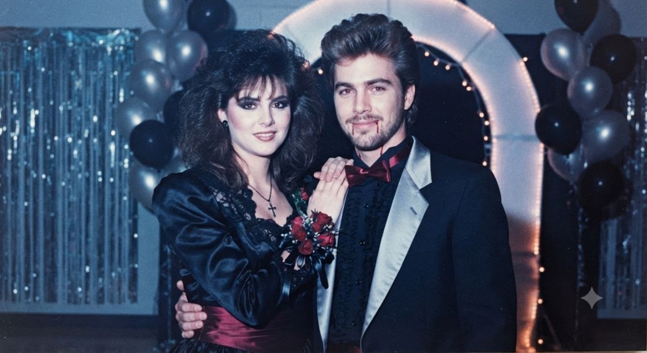 Two adults close together in 1980s prom attire under foil curtain