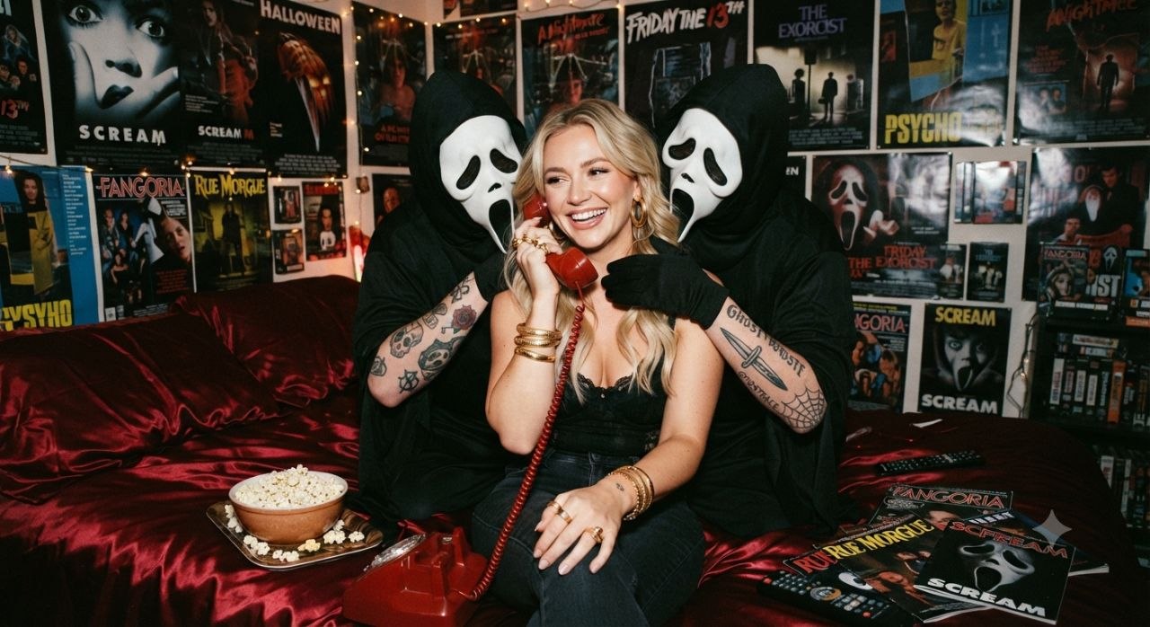 Blonde woman on dark red satin bed with Ghostface figures