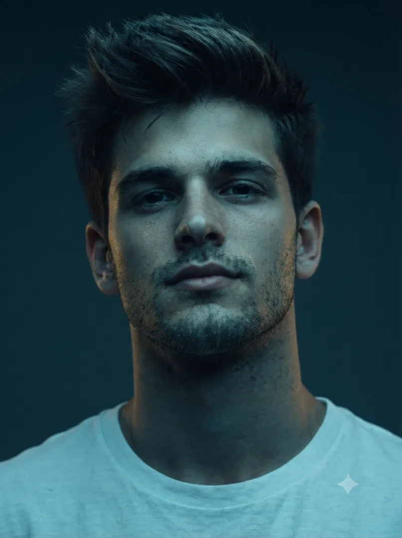 Low-angle cinematic medium-closeup portrait with cool teal lighting