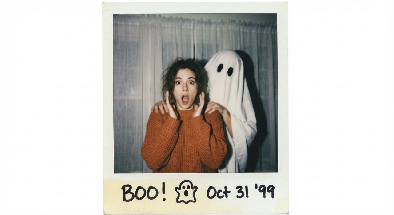 Polaroid-style flash portrait, shocked subject, masked ghost behind, white curtain