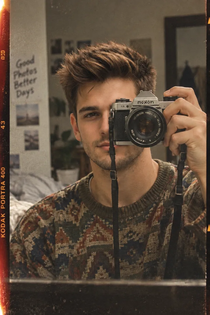 Vintage 35mm mirror selfie with retro SLR, soft daylight, visible grain