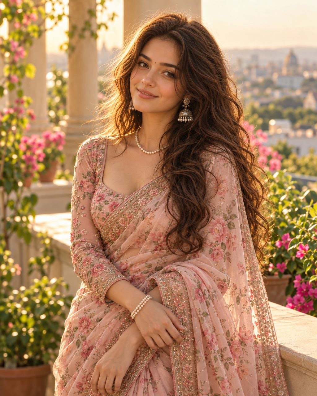 Elegant woman in blush-pink saree on sunlit terrace with cinematic bokeh