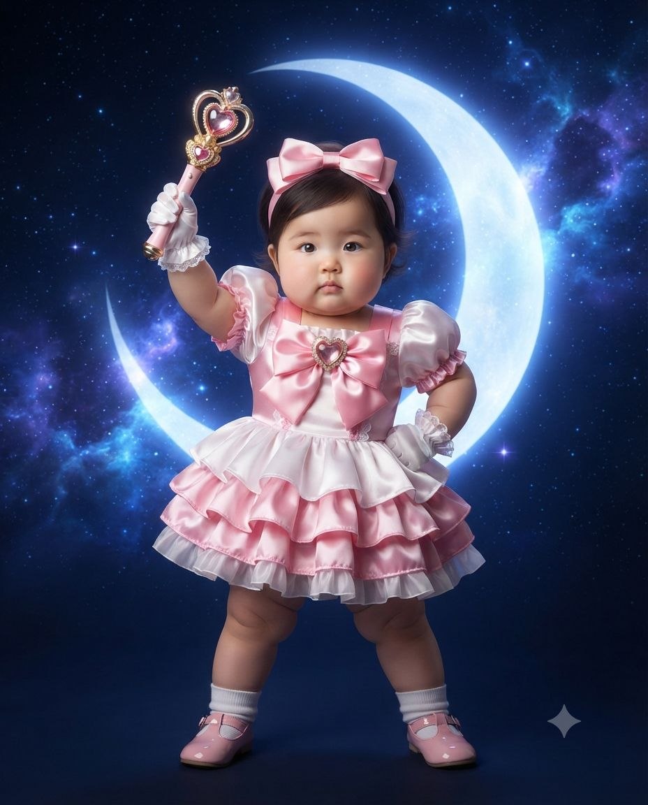 Baby in pink satin magical girl outfit with heart wand, nebula moon backdrop