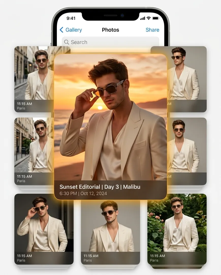 Male model in cream blazer on glowing smartphone gallery card