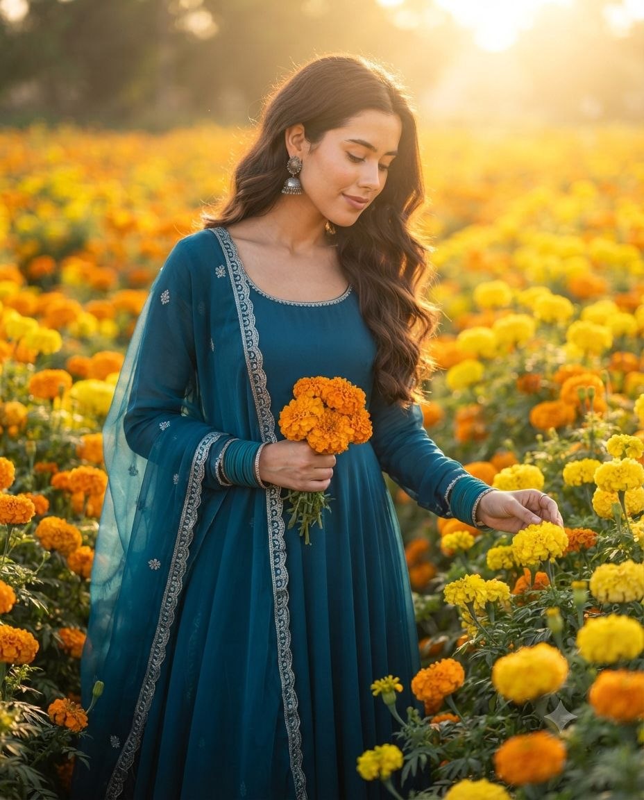 Young woman in teal Anarkali amid vibrant marigolds, golden backlight