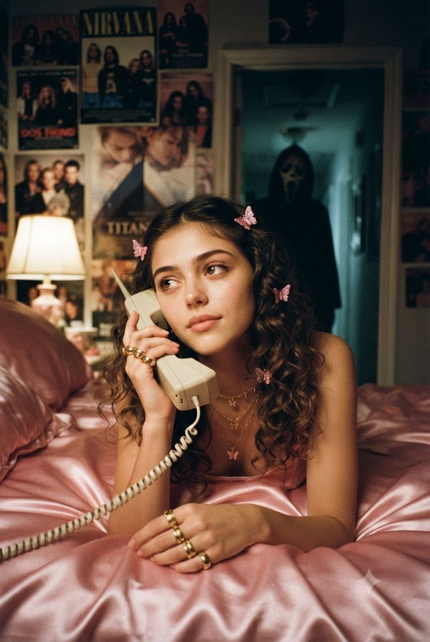 Woman on pink satin bedding holding 90s corded phone, grainy Y2K style, dim lamp light