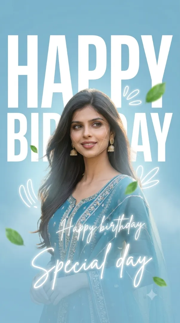 Woman in sky blue lehenga editorial poster with dreamy lighting