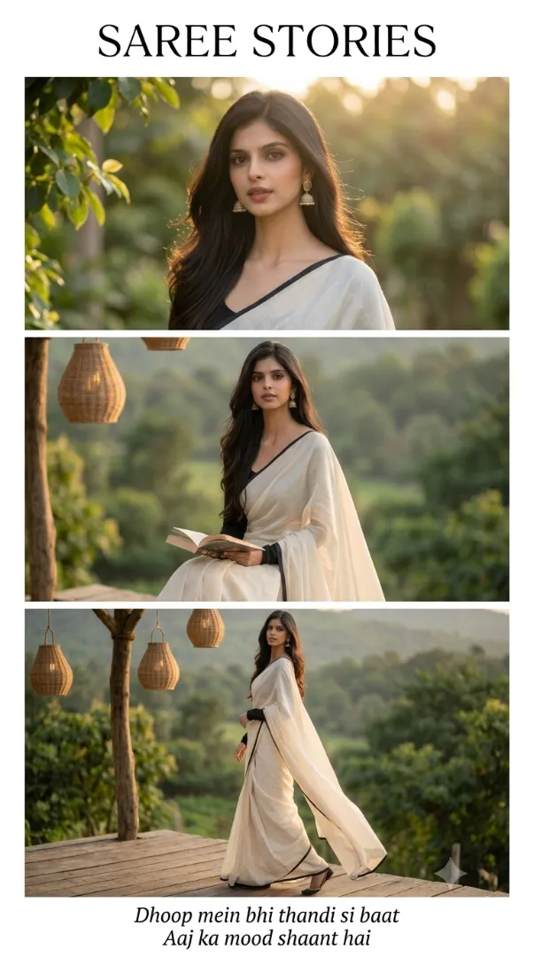 Elegant woman in ivory saree on wooden deck, golden-hour cinematic