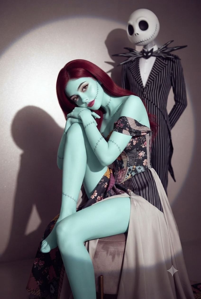 Seated woman in glamorous Sally-style dress with stitched aqua skin