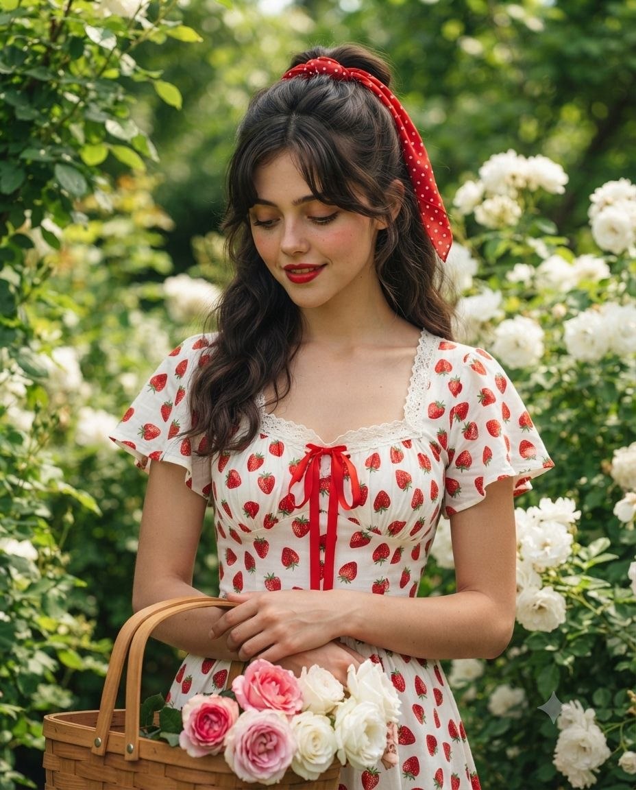 Young woman in vintage strawberry dress holding roses, soft cinematic garden bokeh