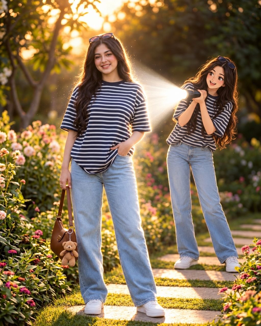 Real subject with full-body anime twin and dramatic flashlight beam